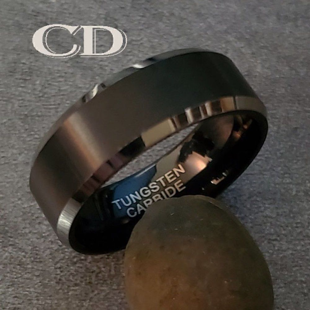 Men's Black Tungsten Wedding Ring  Black Powder Coat Polished Step Edges